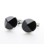 Round Rhodium Plated Cufflinks + Angled Resin Inlay Silver // Black