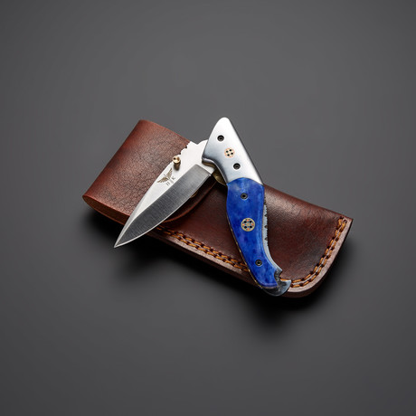 Damascus Blue Bone Notch Pocket Knife