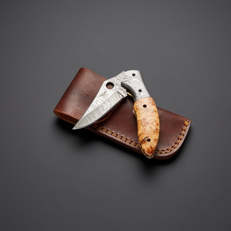 Damascus Olive Wood Hole Pocket Knife