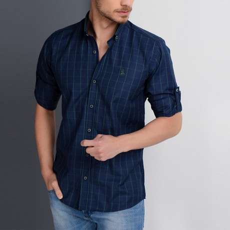 G658 Button-Down Shirt // Dark Blue + Green (S)