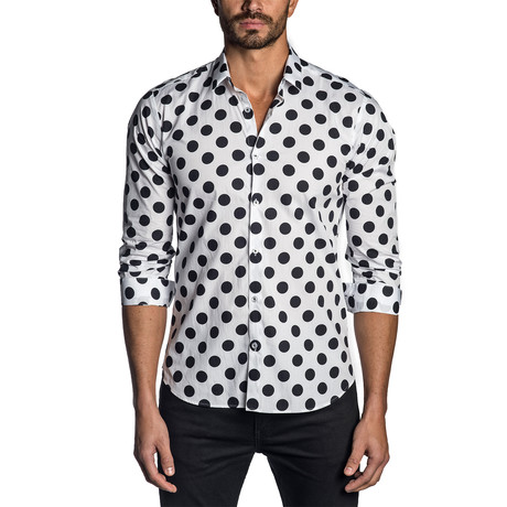 Jared Lang // Woven Long Sleeve Shirt // White + Black Polka Dots (S)