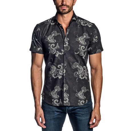 Floral Woven Short-Sleeve Button-Up Shirt // Black (S)