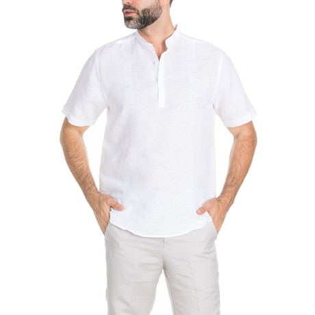 Casual Linen-Blend Resort Embroidered Short-Sleeve Henley // White (S)