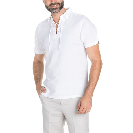 Lace-Up Neckline Short-Sleeve Shirt // White (S)