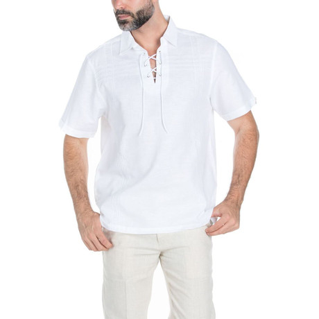 Embroidered Design Lace-Up Neck Short-Sleeve Shirt // White (S)