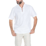 Embroidered Design Lace-Up Neck Short-Sleeve Shirt // White (M)