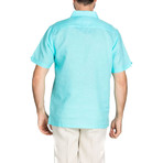 Lace-Up Neckline Short-Sleeve Shirt // Aqua (M)