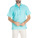 Lace-Up Neckline Short-Sleeve Shirt // Aqua (M)