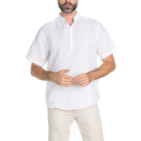 Casual Linen-Blend Resort Embroidered Short-Sleeve Henley // White (S)