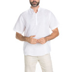 Casual Linen-Blend Resort Embroidered Short-Sleeve Henley // White (L)