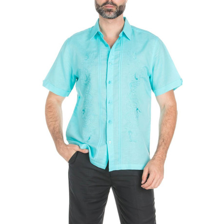 Casual Resort Embroidered Pin Tuck Short-Sleeve Shirt // Aqua (S)