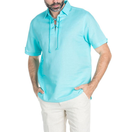 Lace-Up Neckline Short-Sleeve Shirt // Aqua (S)