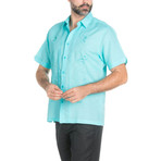 Casual Resort Embroidered Pin Tuck Short-Sleeve Shirt // Aqua (M)