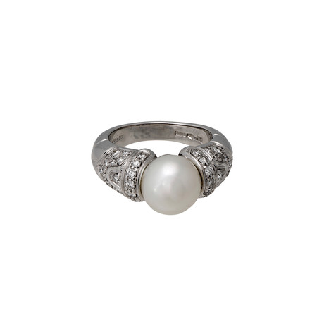 Vintage Bulgari 18k White Gold Pearl Diamond Ring // Ring Size: 5