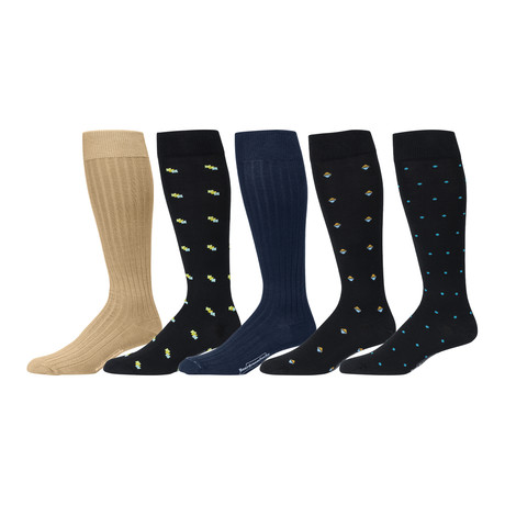 Pima Cotton Over the Calf Dress Socks // Black Patterns + Khaki + Navy // Pack of 5