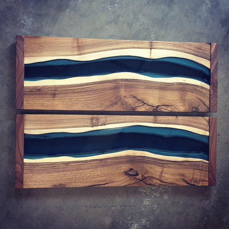 River Series Diptych Panels // English Walnut + Blue Glass