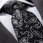 Silk Neck Tie // Black + Silver + Gray Metallic Paisley