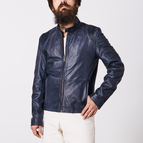 Classic Zip Leather Jacket // Blue (L)