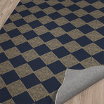 Block Print Check Board In Navy And Gold // Area Rug (2.6'L x 8'W)