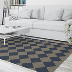 Block Print Check Board In Navy And Gold // Area Rug (2.6'L x 8'W)