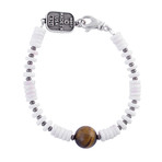 White Shell Bead Bracelet + Round Tiger Eye Bead