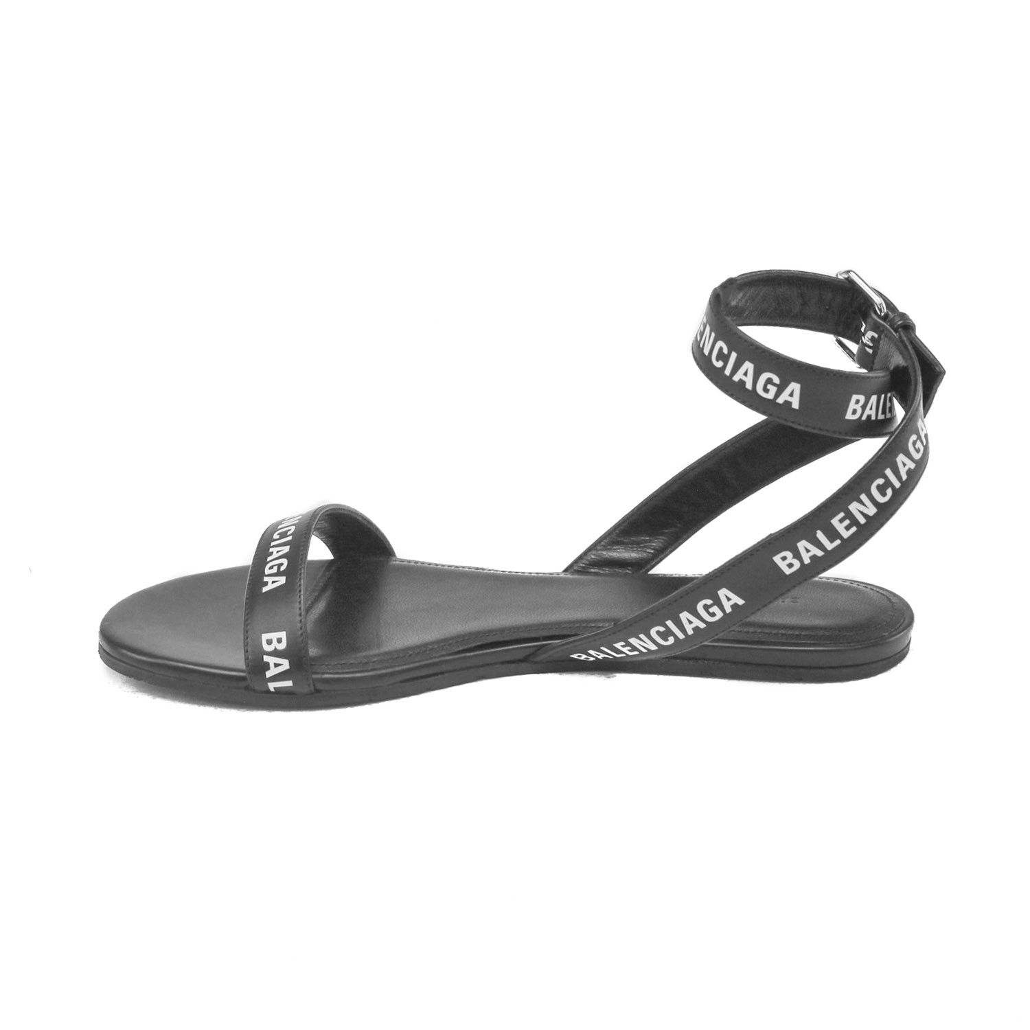 Balenciaga // Leather Round Flat Logo Sandal // Black (US: 5) - Women's ...