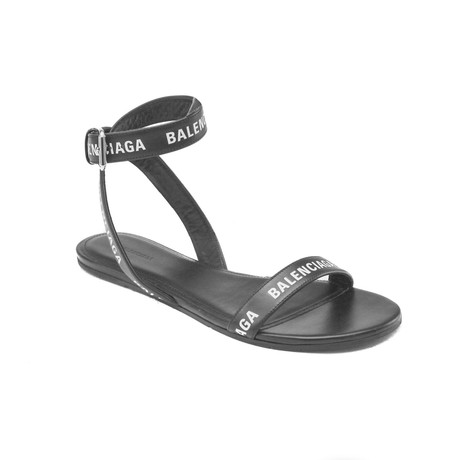 Balenciaga // Leather Round Flat Logo Sandal // Black (US: 5)