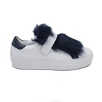 Moncler // Leather Victoire Fur Sneaker // White + Blue (US: 5)