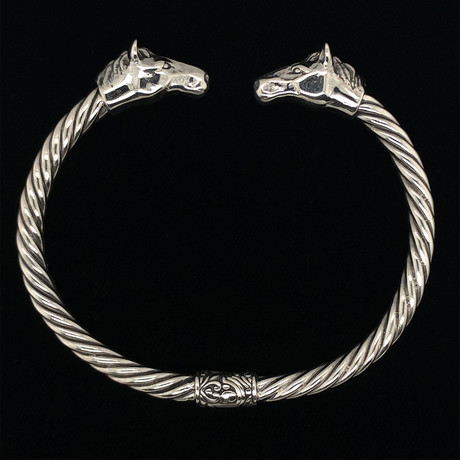 925 Solid Sterling Silver Twisted Cable Wire Retro Bangle Bracelet // Horse Heads