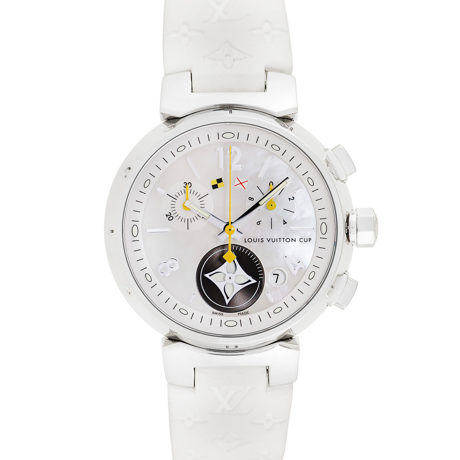 LOUIS VUITTON Stainless Steel Rubber Mother of Pearl 34mm Tambour Lovely  Cup Quartz Watch 936658