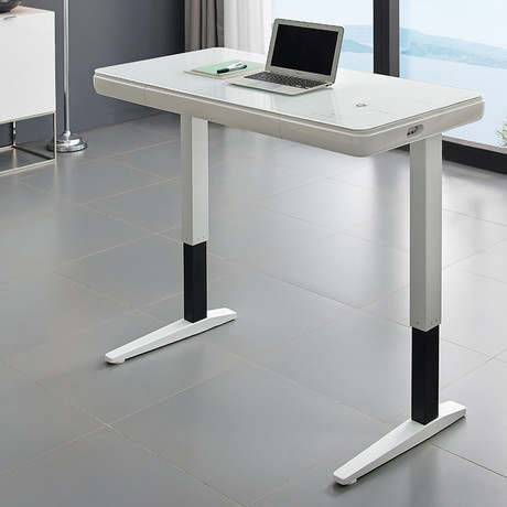 Aaliyah Office Desk // High Gloss White Lacquer + Smart White Glass Top