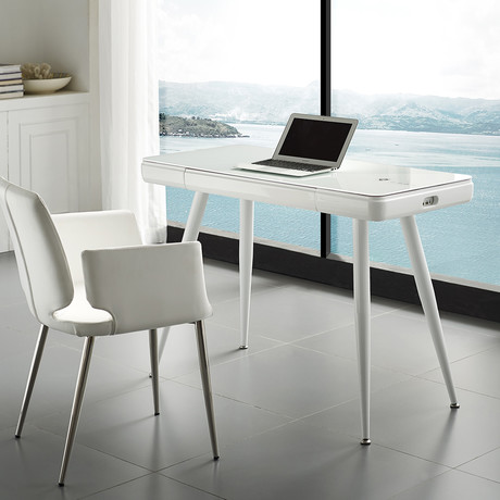 Arianna Office Desk // High Gloss White Lacquer + Smart White Glass Top