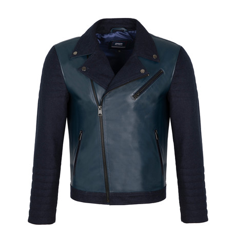 Side-Zip Leather Jacket // Navy (S)