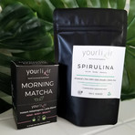 Organic Spirulina Powder + On-the-go Adaptogenic Morning Matcha Latte Single-Serving Sachets Box Bundle