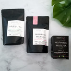 Organic Spirulina Powder + Adaptogenic Morning Matcha Latte Blend + On-the-go Adaptogenic Morning Matcha Latte Single-Serving Sachets Box Bundle