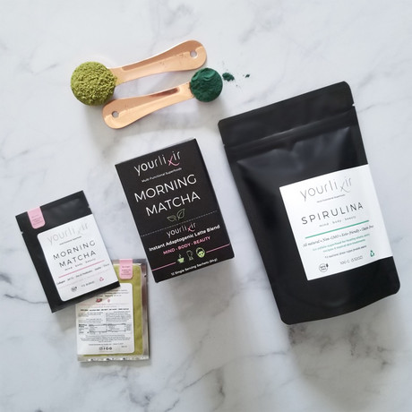 Organic Spirulina Powder + On-the-go Adaptogenic Morning Matcha Latte Single-Serving Sachets Box Bundle