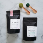 Organic Spirulina Powder + On-the-go Adaptogenic Morning Matcha Latte Single-Serving Sachets Box Bundle