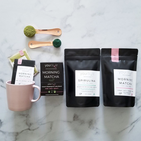 Organic Spirulina Powder + Adaptogenic Morning Matcha Latte Blend + On-the-go Adaptogenic Morning Matcha Latte Single-Serving Sachets Box Bundle