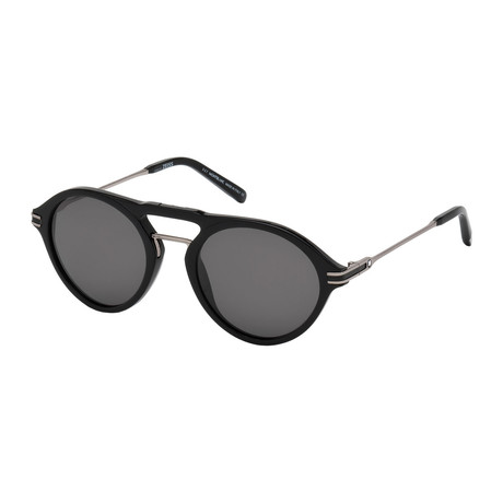 Montblanc Men's Round Sunglasses // Shiny Black+ Smoke Polarized