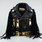 Moschino // Leather Mini Motorcycle Jacket Fringe Backpack Handbag // Black