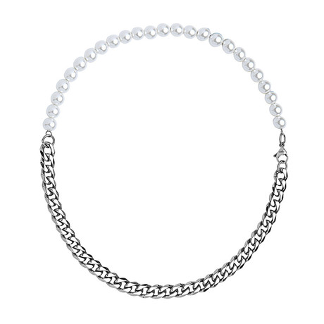 Pearl + Cuban Chain Link Choker Necklace (Silver)