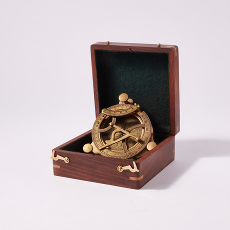 Antique Brass Sundial Compass w/ Wood Case