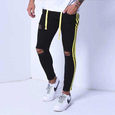 Skinny Jeans + Side Stripes // Black + Yellow (29WX29L)