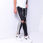Distressed Jeans + Side Stripes // Black (30WX30L)