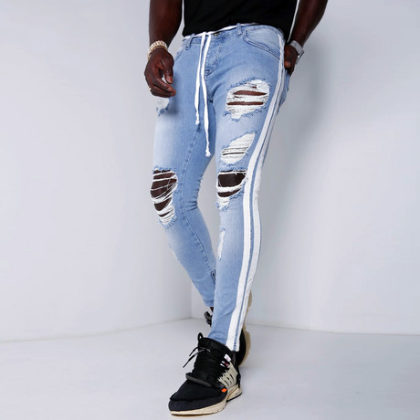 Distressed Jeans + Side Stripes // Blue (29WX29L)