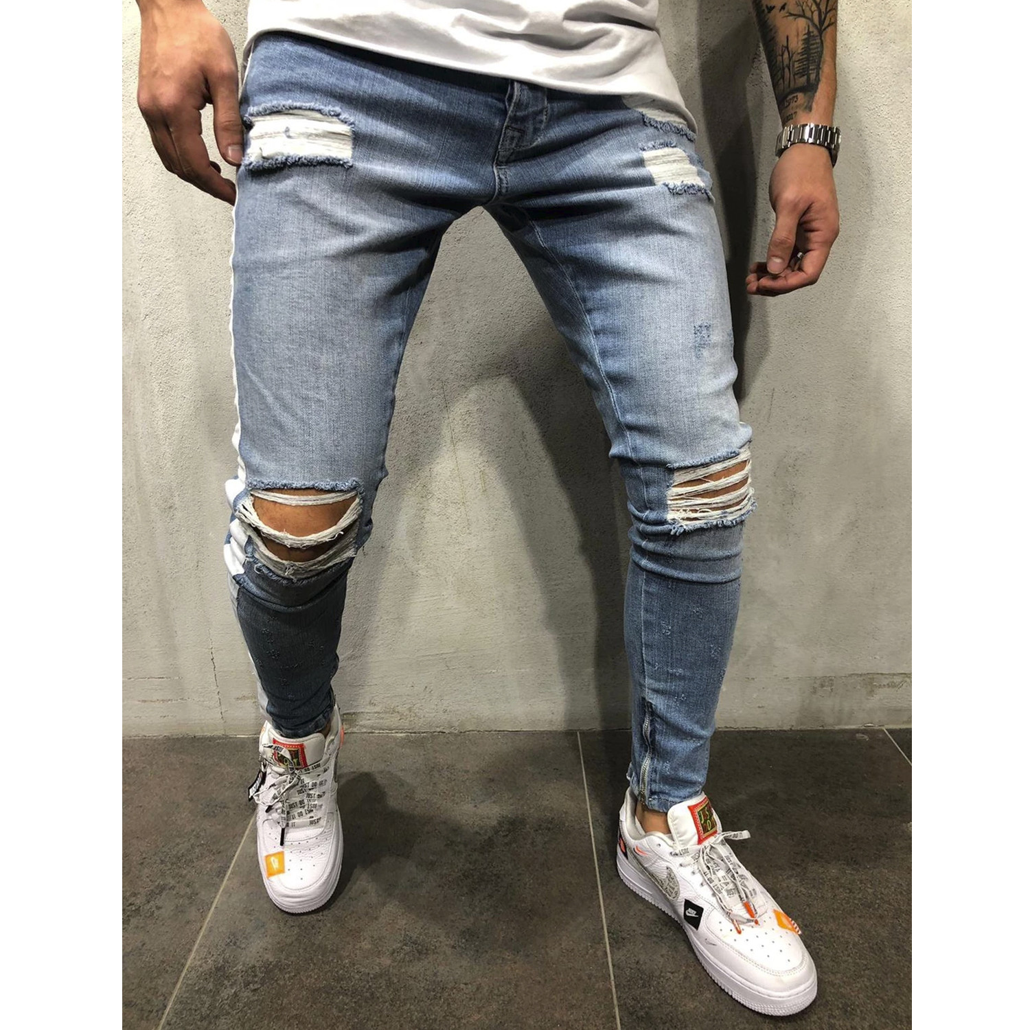 Ripped Jeans + Side Stripes // Blue + White (29WX29L) - 2Y Premium by ...