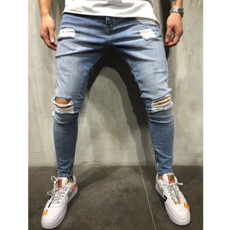 Ripped Jeans + Side Stripes // Blue + White (29WX29L)