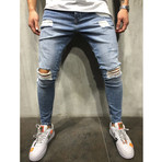 Ripped Jeans + Side Stripes // Blue + White (32WX32L)