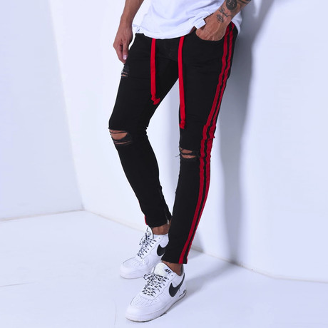 Skinny Jeans + Side Stripes // Black + Red (29WX29L)