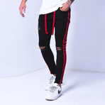 Skinny Jeans + Side Stripes // Black + Red (34WX34L)